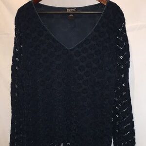 biyaycda Navy Blue Crochet Style Long Sleeve V Neck Top | Size 2X